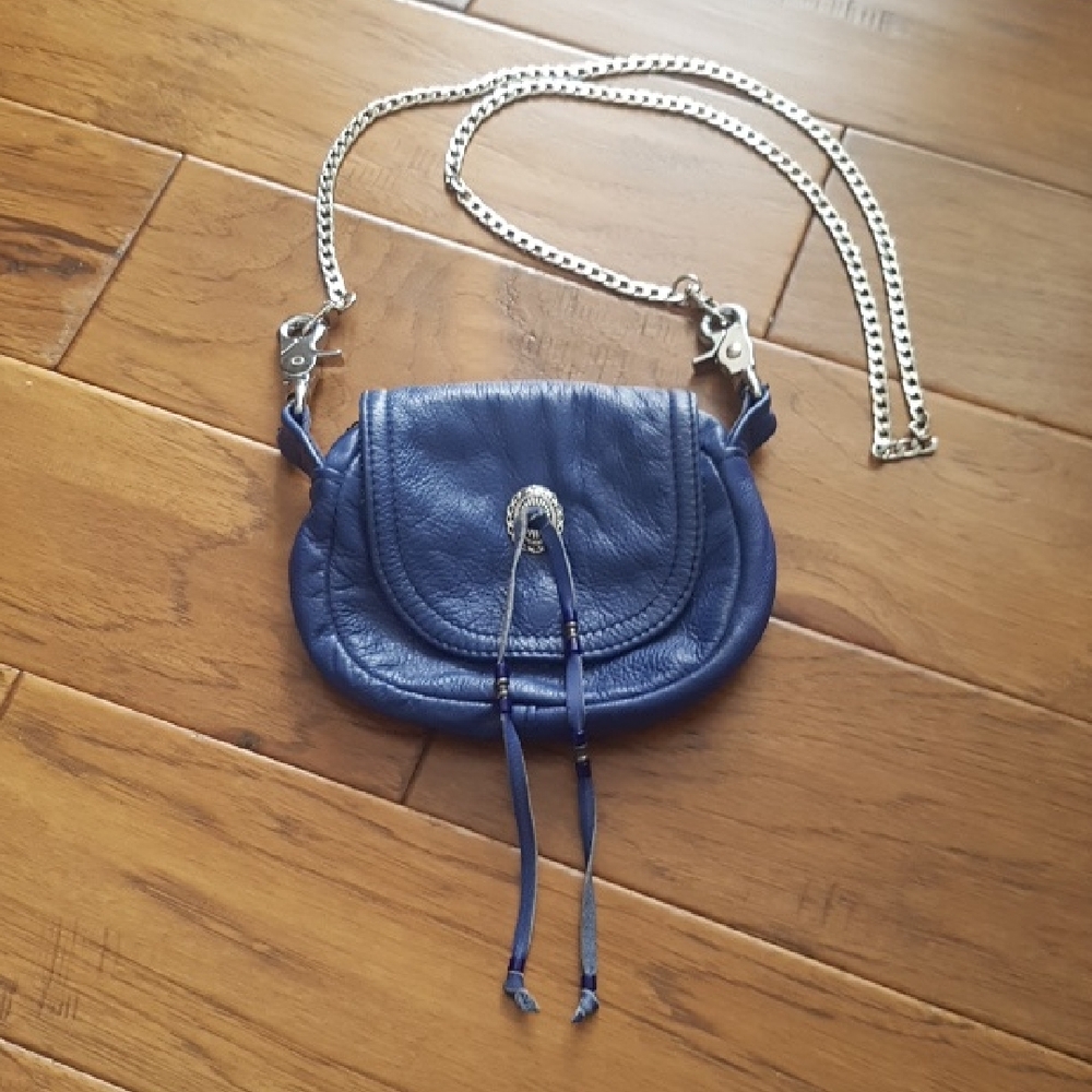 Vintage On The Fringe Made in Canada Blue Leather Crossbody with Silver Chain